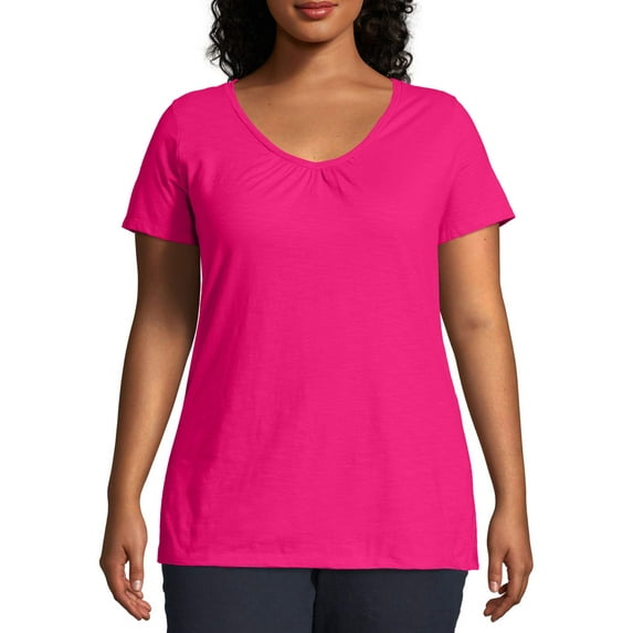 Just My Size Women's Plus Size Slub Shirred V-Neck