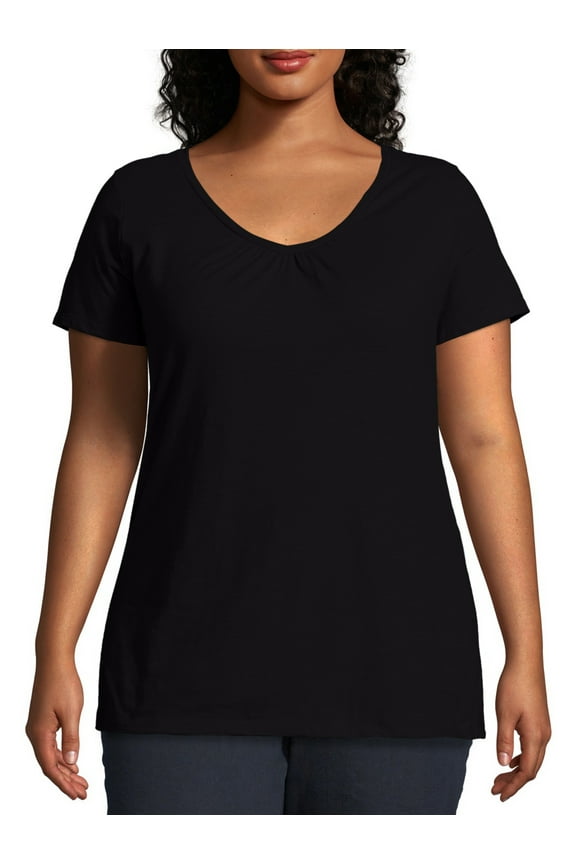 Women's Plus Size Slub Shirred V-Neck