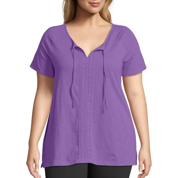 Just My Size Women's Plus Split Neck Lace Detail Top