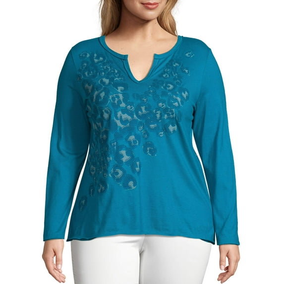 Just My Size Women's Plus Split Neck Long Sleeve Graphic Tee