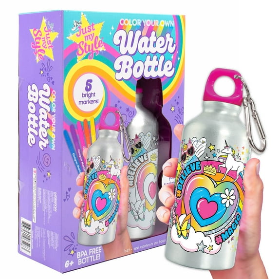 Just My Style Color Your Own Water Bottle, Pre-Designed, 6+