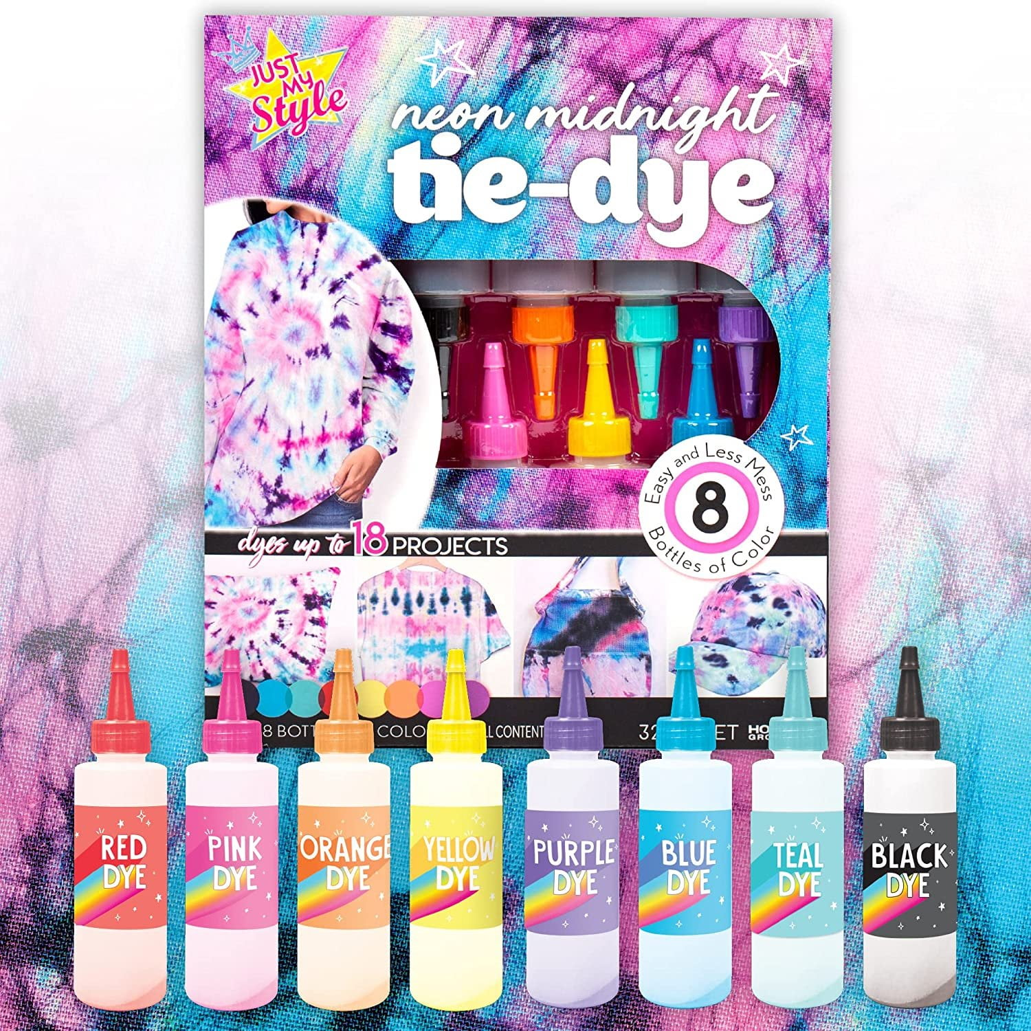 Just My Style Neon Midnight Tie-Dye DIY Tie Dye Kit Create Up to 18 Tie Dye Accessories Great Tie Dye Craft Set Colorful Fabric Dyes, Gloves & Rubber