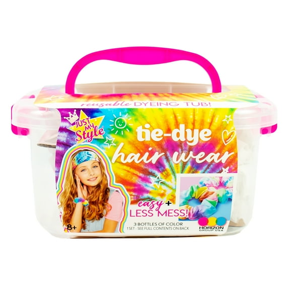 Just My Style Tie-Dye Hair Wear, Create 4 Tie-Dye Hair Accessories, Includes 3 Dyes, Rubber Bands, Gloves, Storage Tub & More