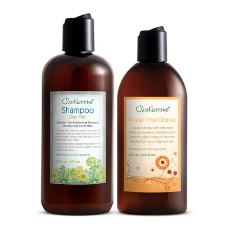 Just Nutritive Natural Whitening Grey Hair Shampoo 16oz & Vinegar Rinse Cleanser 8oz for Shine and Volume