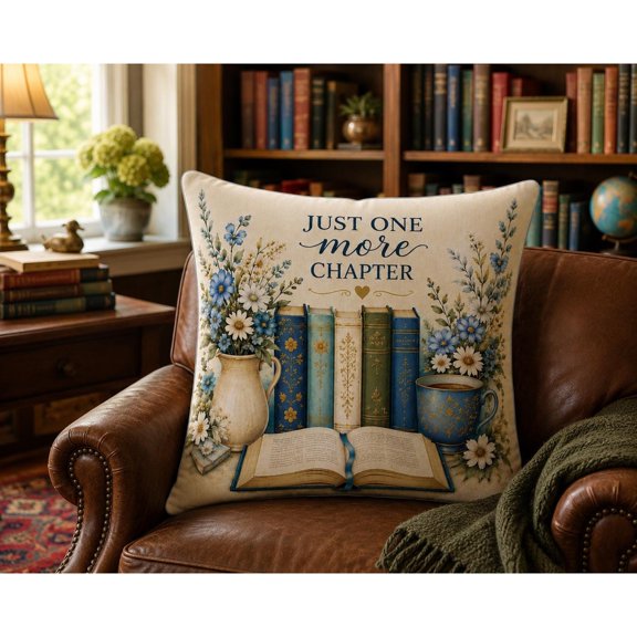 Just One More Chapter Blue Floral Books Square Pillow Case, 100% Polyester Velvet, Reading Nook Décor