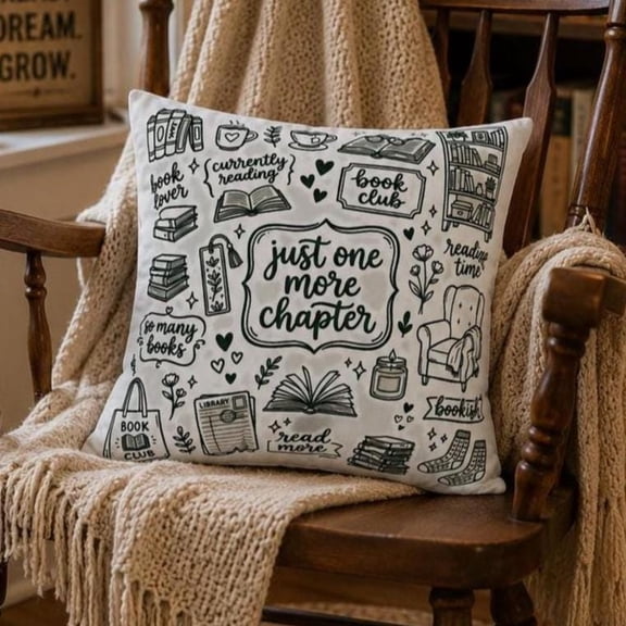 Just One More Chapter Book Lover Cream and Dark Green Square Pillow Case, 100% Polyester Velvet, Reading Decor