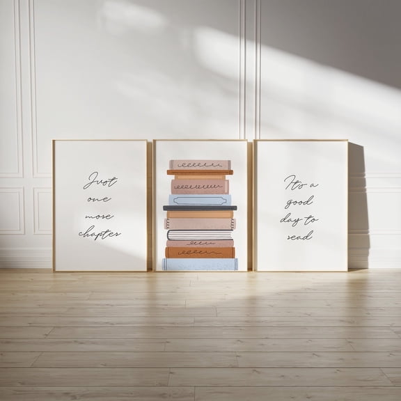Just One More Chapter Wall Art Prints Set Of 3, Bookish Reading Quotes For Library Room Decor