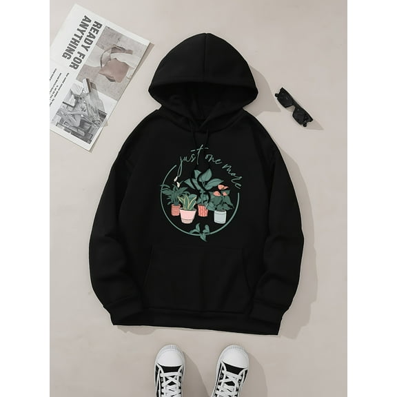 Just One More Green Plants Graphic Print Hoodie, Drawstring Casual Hooded Sweatshirt for Winter & Fall, Women'S Clothing