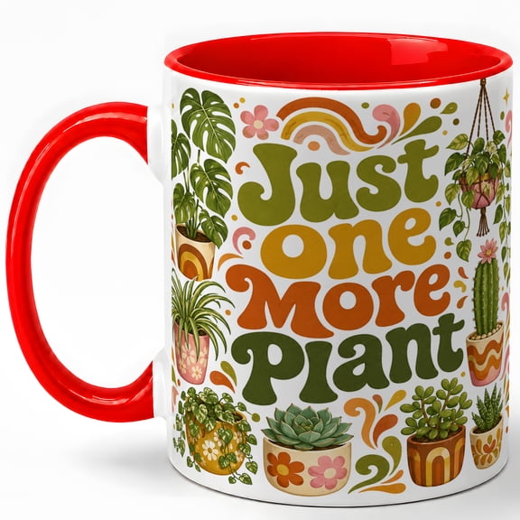 Just One More Plant Coffee Mug, Retro Houseplant Lover Quote Design, 11 oz Ceramic Cup