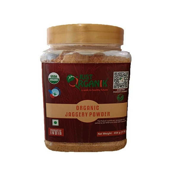 Just Organik Jaggery Powder, Organic Unrefined Raw Cane Sugar 1 LB - Pack