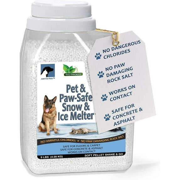 Just For Pets Snow & Ice Melter Safe for Pets & Paws Contains No Toxic Chlorides or Painful to The Paw Rock Salt, Safe for Dogs & Cats. Fast Acting and Works On Contact 9 lb. Shaker Jug