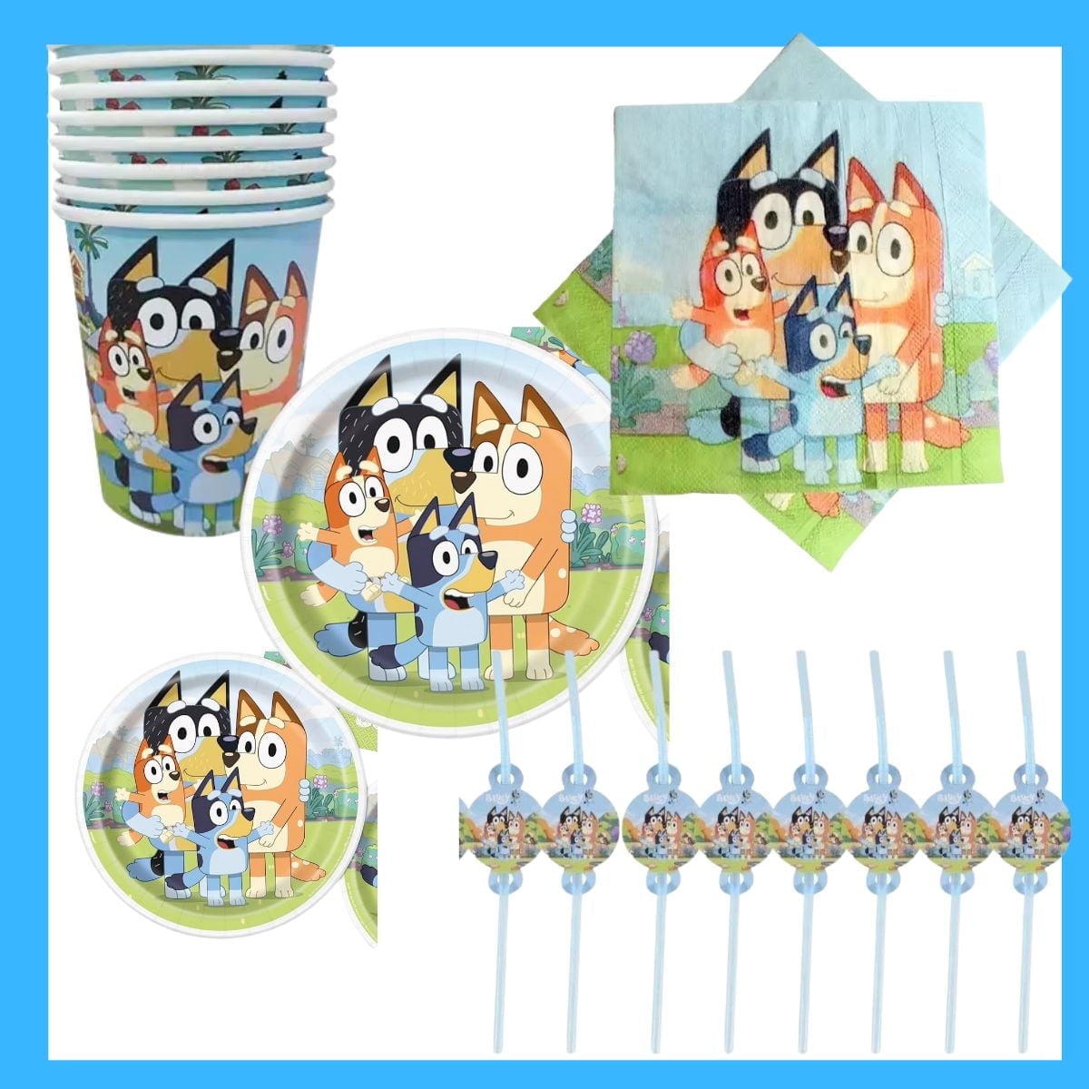 Bluey Birthday Party Supplies for 8 Guests! - Complete Set with Plates, Cups, Napkins & More!