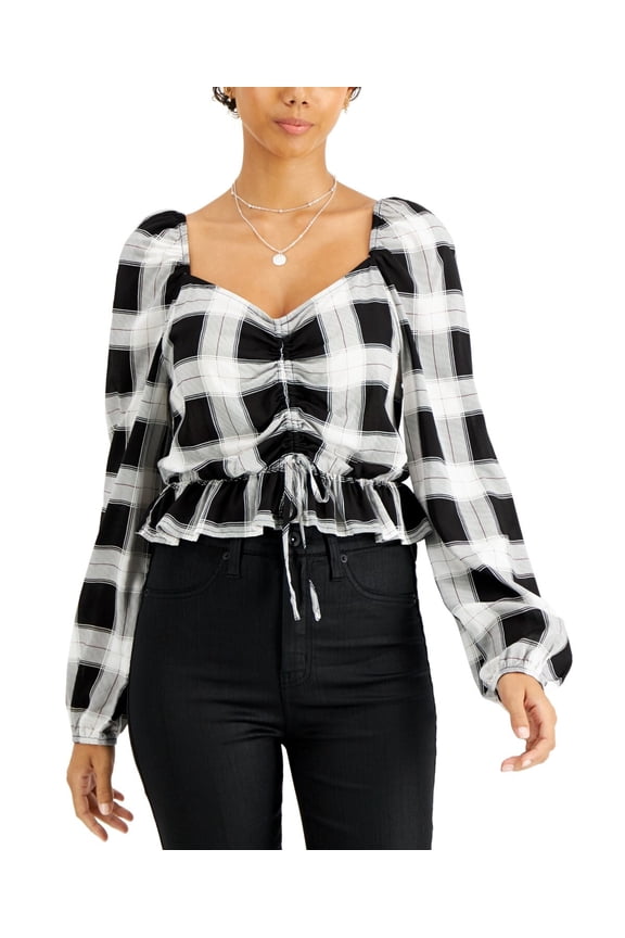 Black Plaid Long Sleeve Top Size Medium Ruffle, Size Large