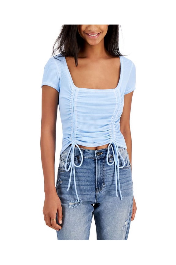 Junior's Square Neck Ruched Top Blue Size Medium