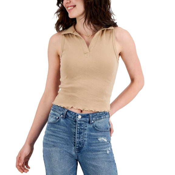 Just Polly Juniors' Cropped Polo Tank Top Taupe XS