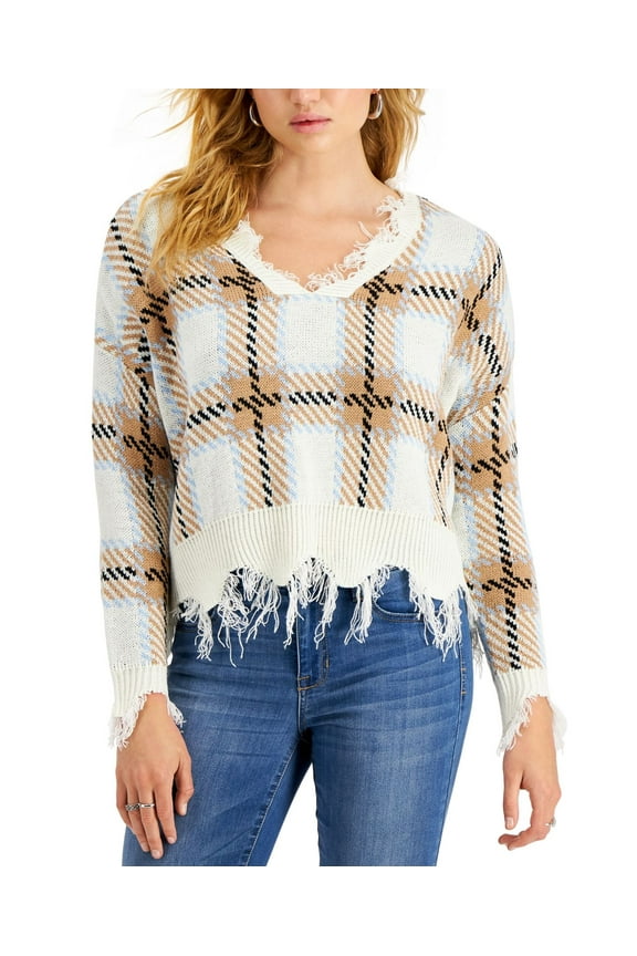 Just Polly Juniors Distressed Plaid Sweater (Taupe Plaid, XL)