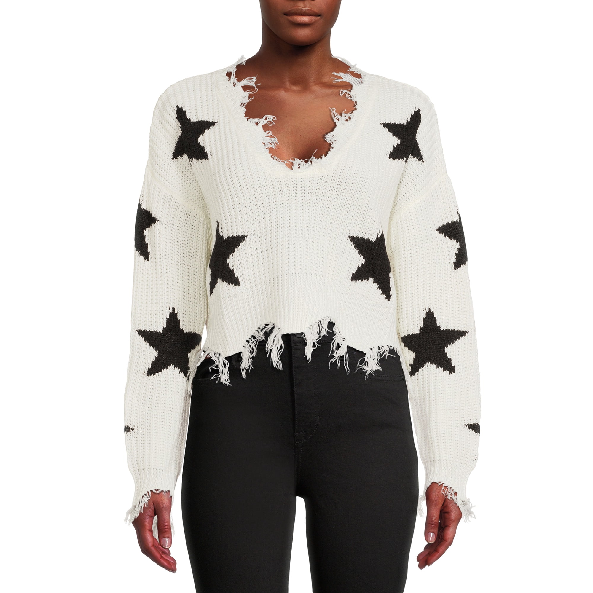 Just Polly Juniors' Distressed Star Sweater - Walmart.com