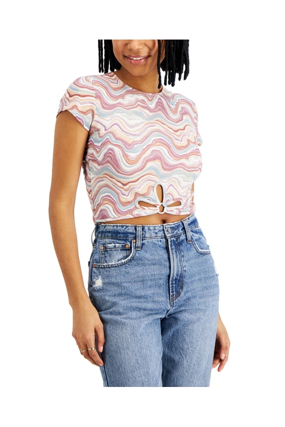 Juniors' Flower-Cutout T-Shirt Teal Lavender Marble L