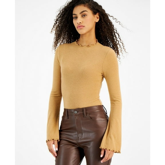 Just Polly Juniors' Long Bell-Sleeve Ribbed Bodysuit Camel M B4HP