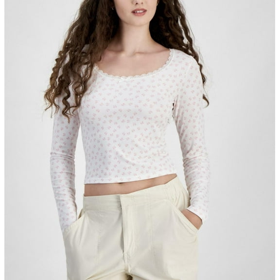 Just Polly Juniors' Ribbed Lace-Trim Scoop-Neck Top - Pink Bows - LUS