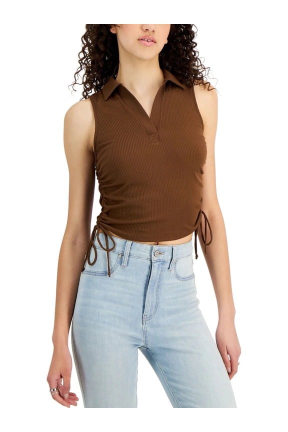 Juniors' Ruched Polo Tank Top B4HP (Brown,Juniors,S)