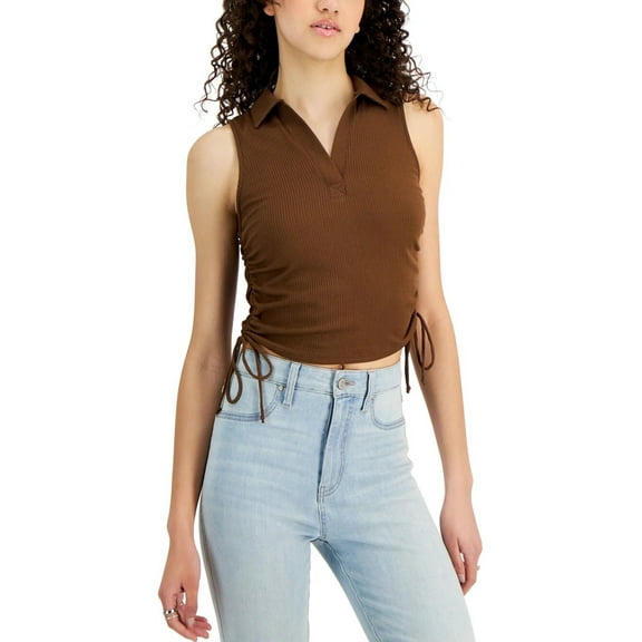 Just Polly Juniors' Ruched Polo Tank Top B4HP (Brown,Juniors,XS)