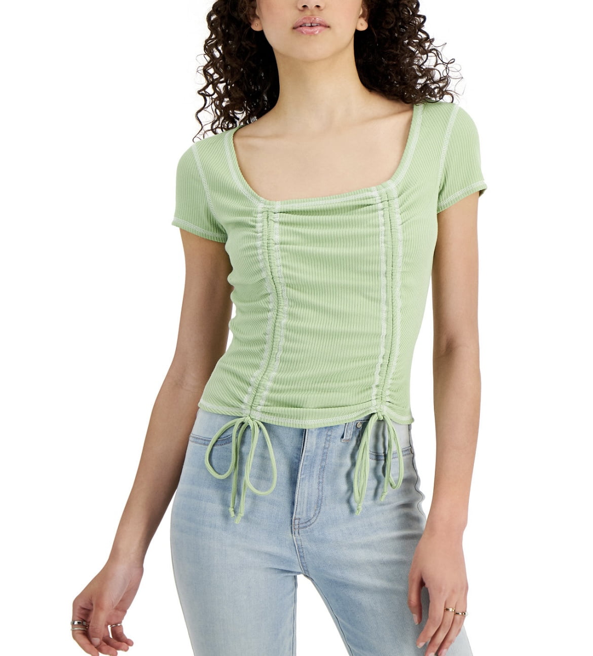 Just Polly Juniors' Square-Neck Ruched Top Sage Size XL
