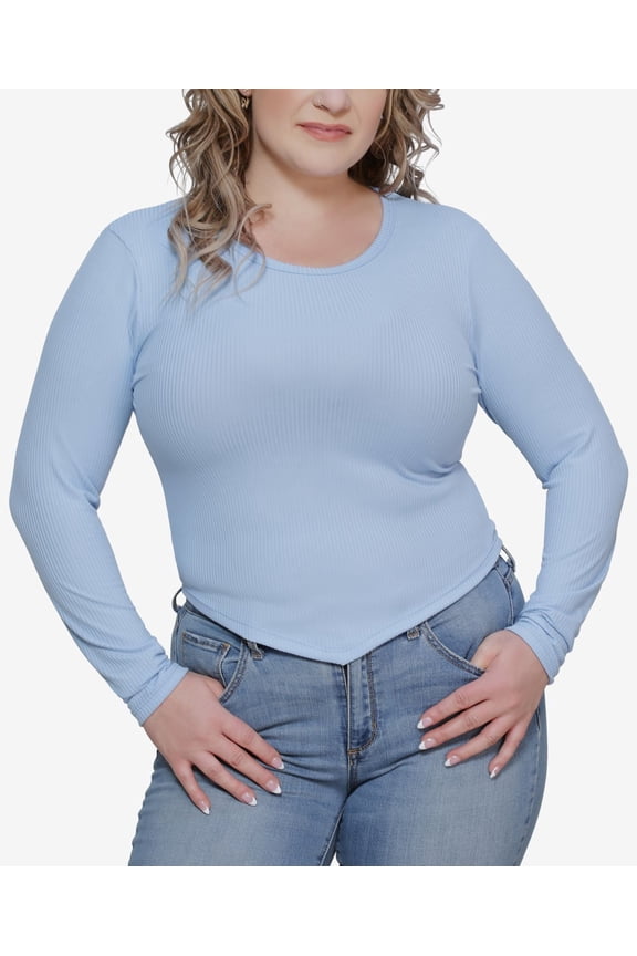 Juniors Trendy Plus Size V-Hem Ribbed Top,Powder Blue,1X