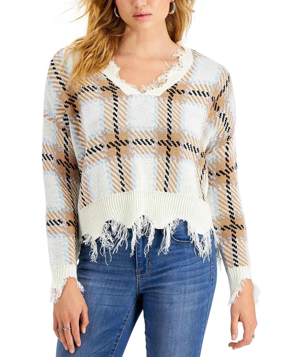 Just Polly LIGHT BLUE TAUPE PLAID Women's Distressed Plaid Sweater, US Medium
