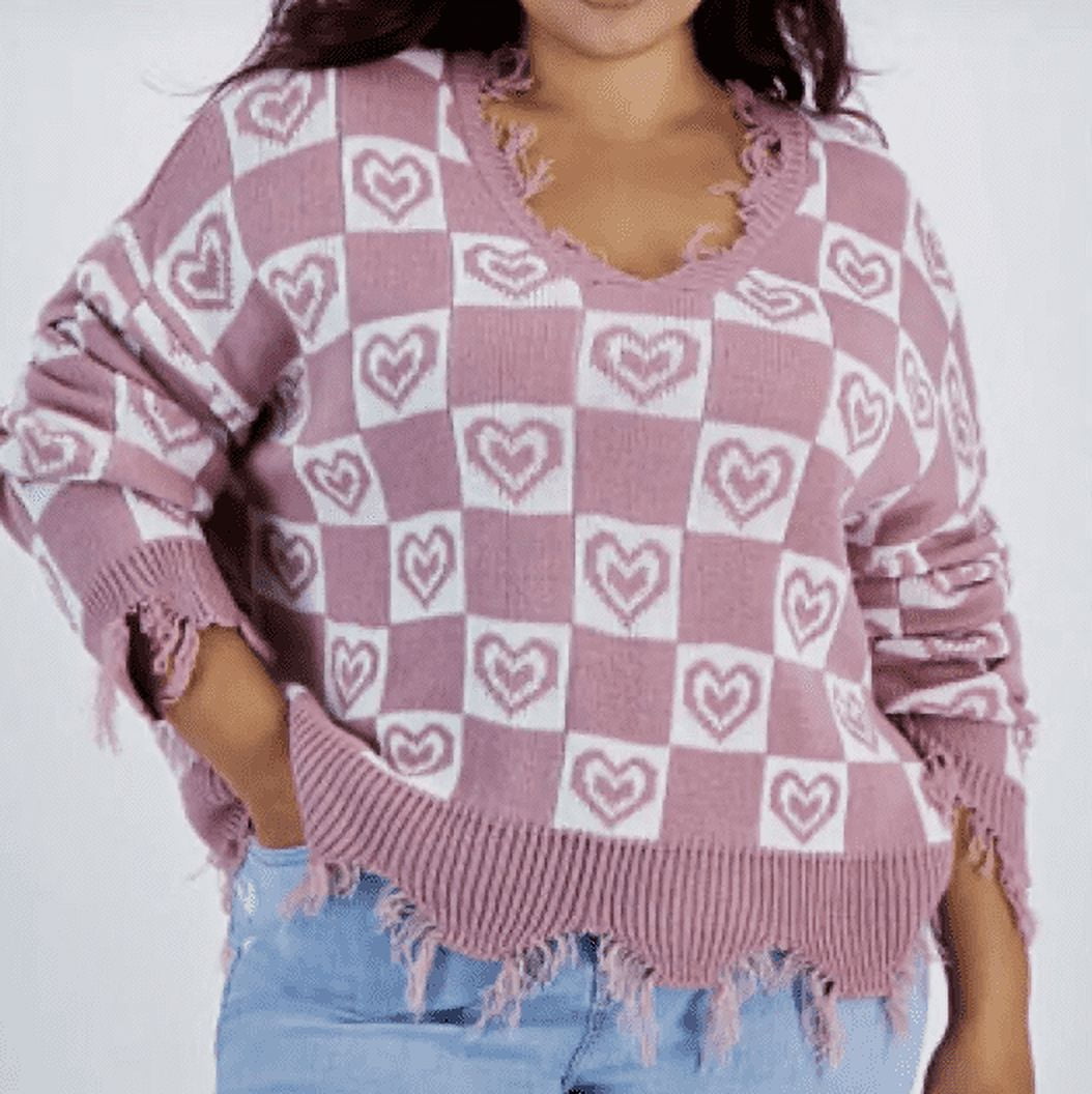 Just Polly New York Sweater Juniors Plus size 1x Knit Hearts Destructed V-neck