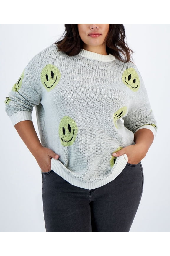 Just Polly Women's Trendy Plus Size Smiley Crewneck Sweater Cream 2X B4HP Defect