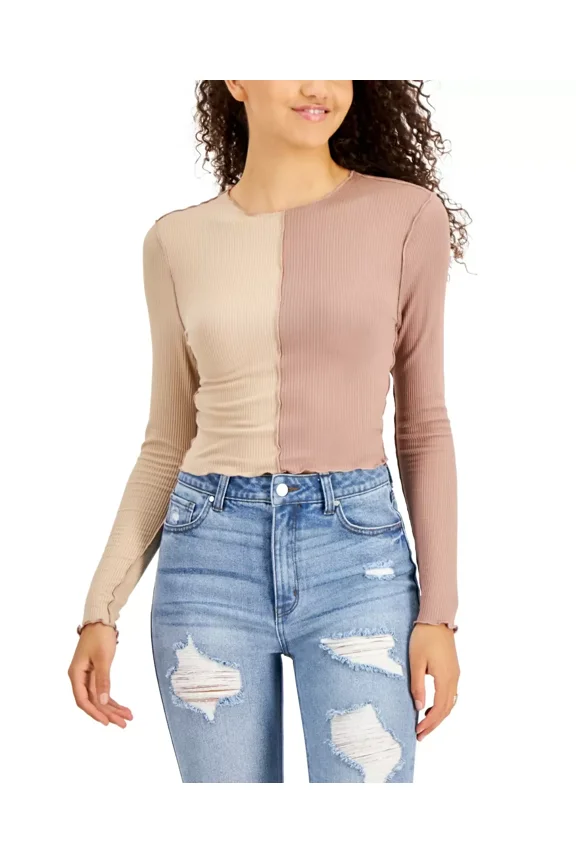 Womens Juniors Colorblocked Top, Tan, Small