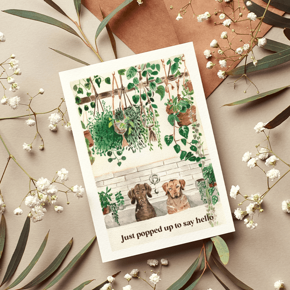 Just Popped Up to Say Hello Card Cute Dog and Plant Illustration Perfect for Greetings and Sharing Love Blank Inside, Envelope Included