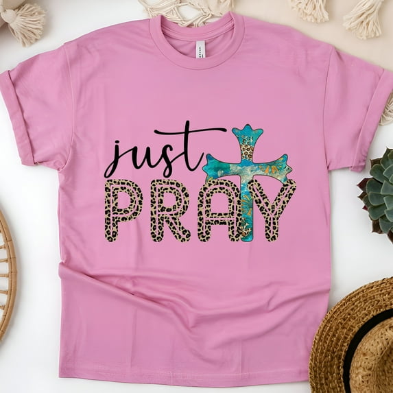 Just Pray Cross Christian Leopard Print T-Shirt, Azalea, Size L