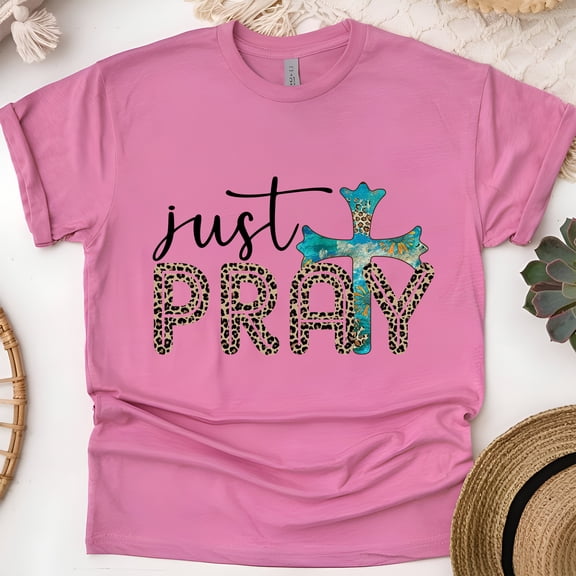 Just Pray Cross Christian Leopard Print T-Shirt, Heliconia, Size 2XL