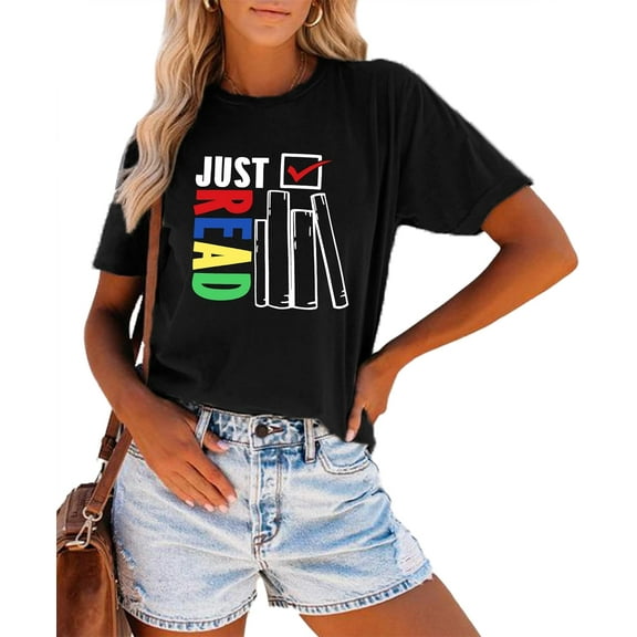 Just Read Shirt for Women Book Graphic Shirts Read Book Short Sleeve Librarian Shirt Reading Tee Top