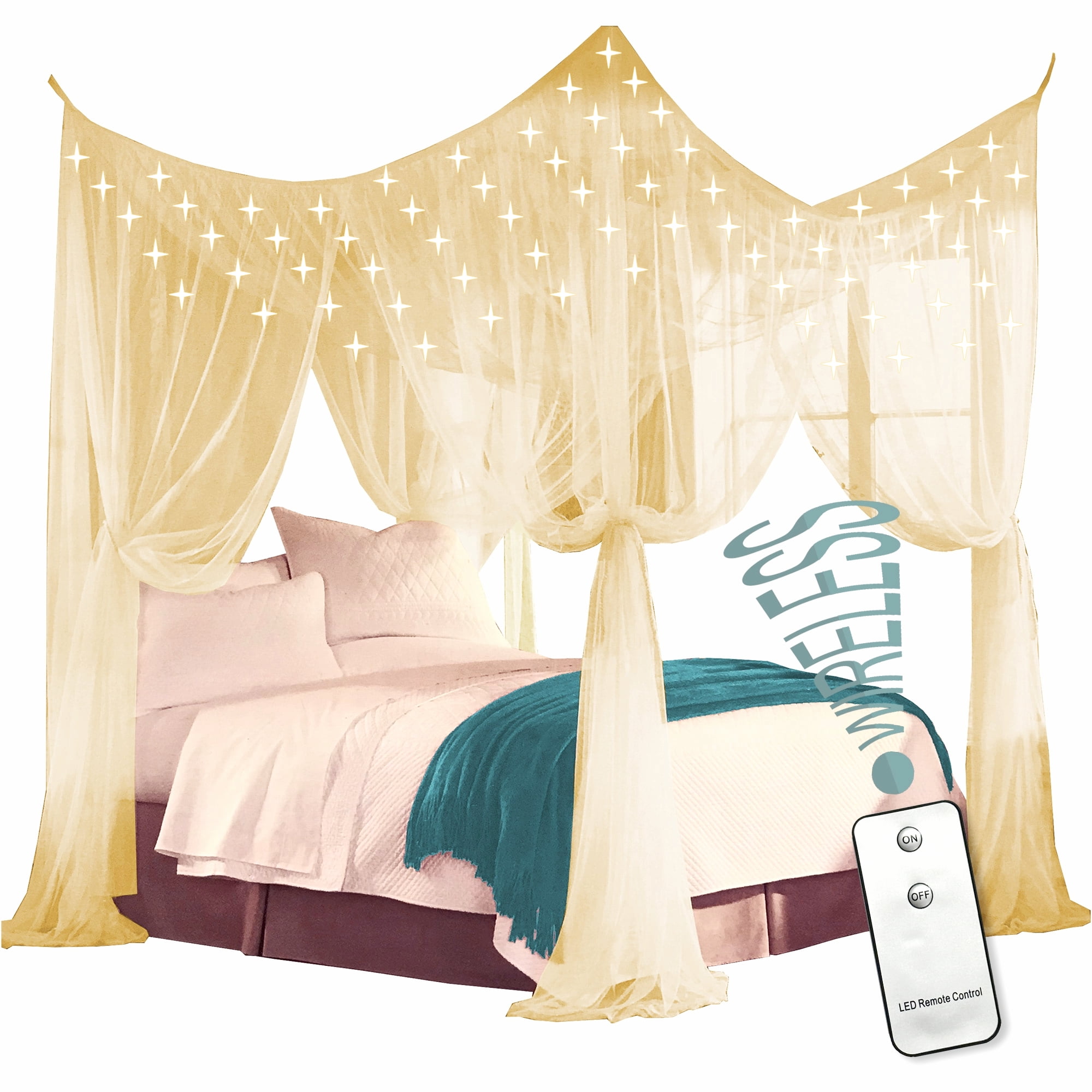 Just Relax Four Corner Post Bed Canopy Set With LED Lights and Remote, Beige, Full-Queen-King
