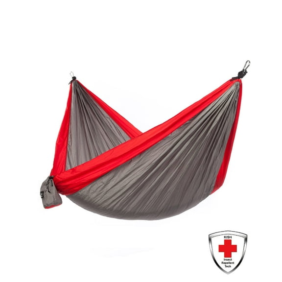 Just Relax Single Portable Lightweight Camping Hammock With KISH Bug Repellent, 10.6x5 Feet, Grey-Red