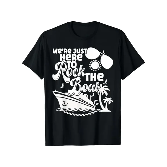 We're Just Here to Rock The Boat Funny Cruise T-Shirt - Nautical Slogan with Cruise Ship & Palm Tree Graphic, Lightweight Short Sleeve Round Neck Tee for Men & Women
