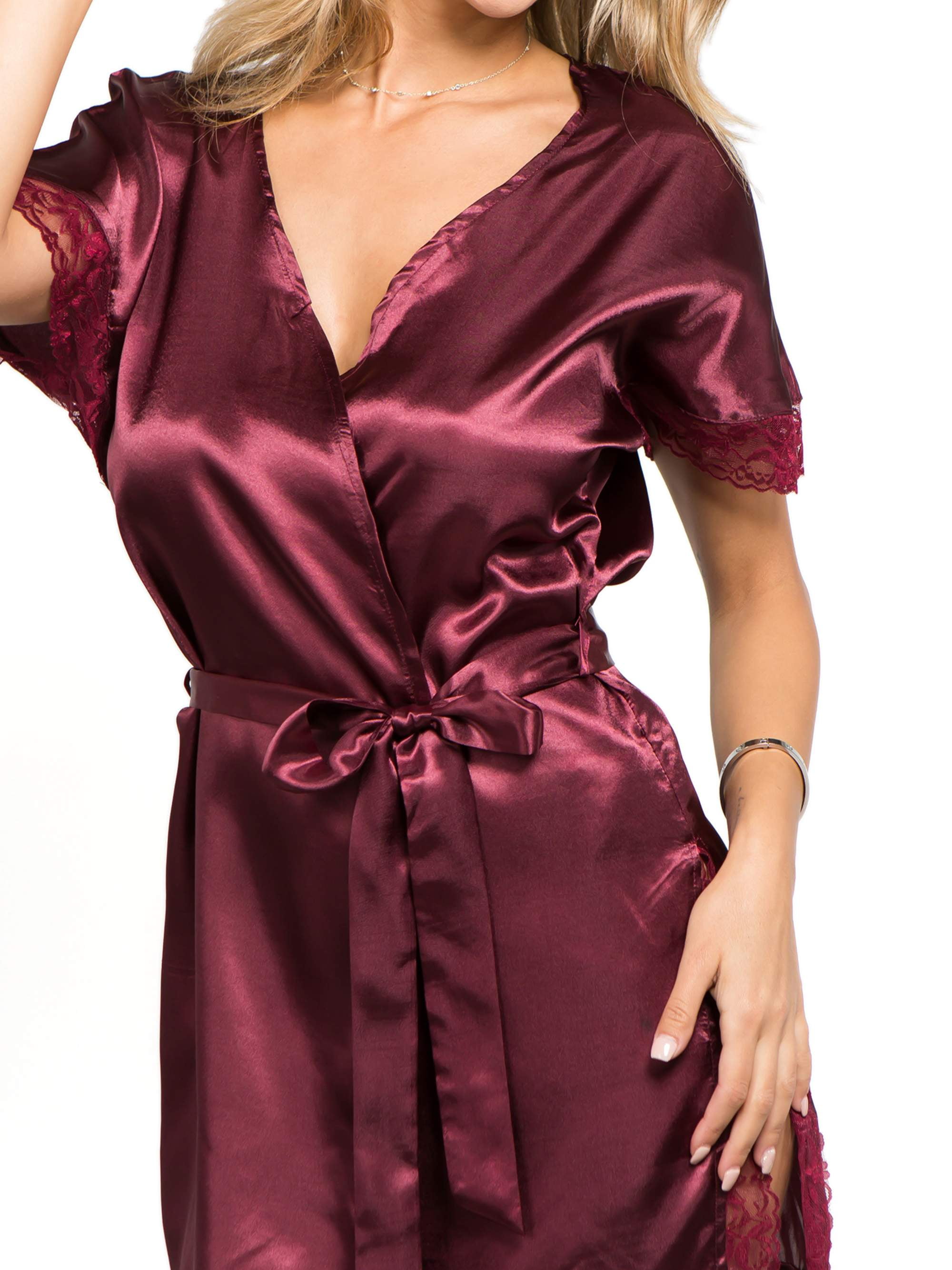 Just Sexy Lingerie Women's Short Sleeve Satin Robe, Burgundy, 2X/3X