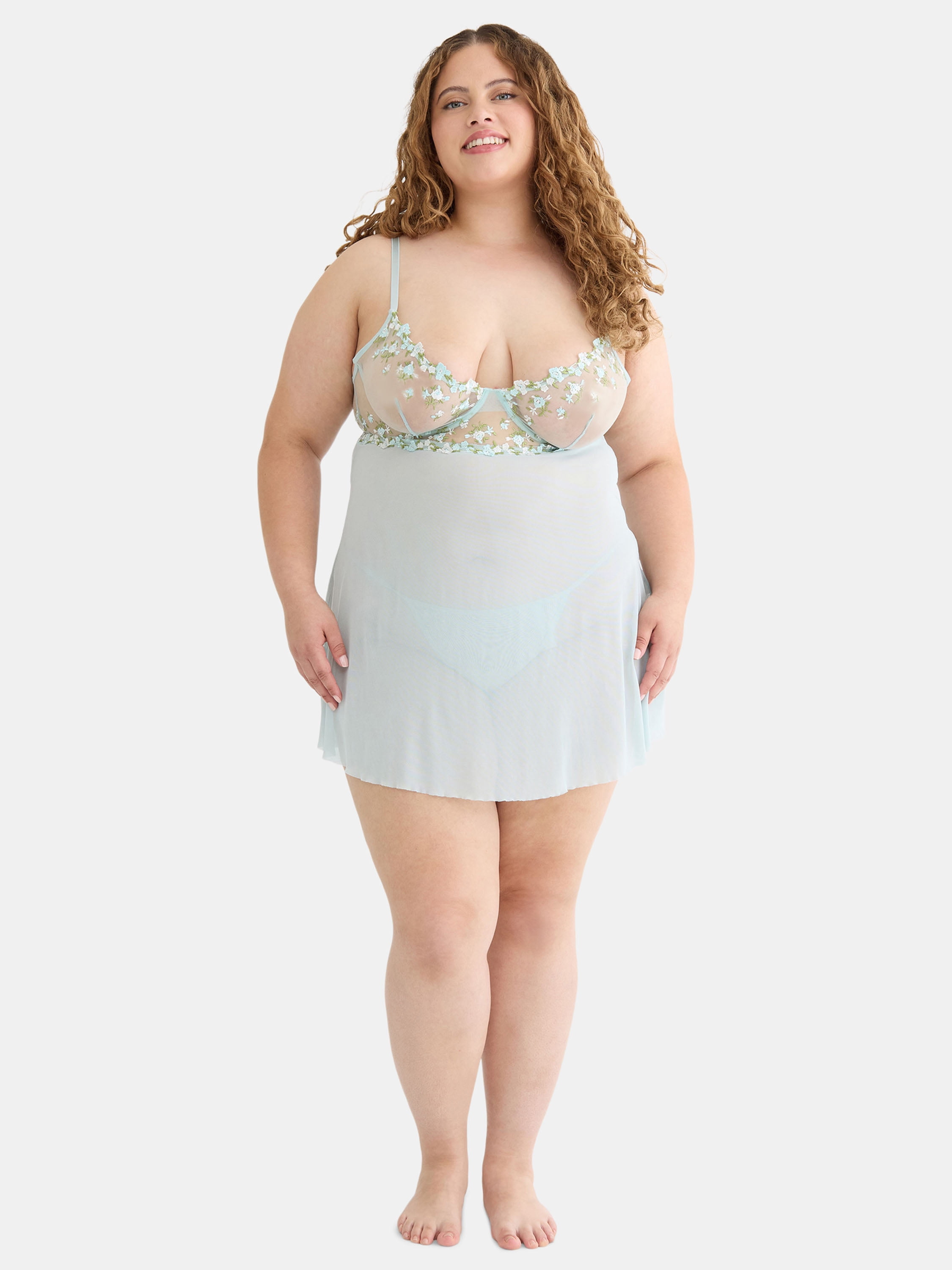 Women’s and Plus Embroidered Babydoll with Mesh G-String, Sizes S-3X