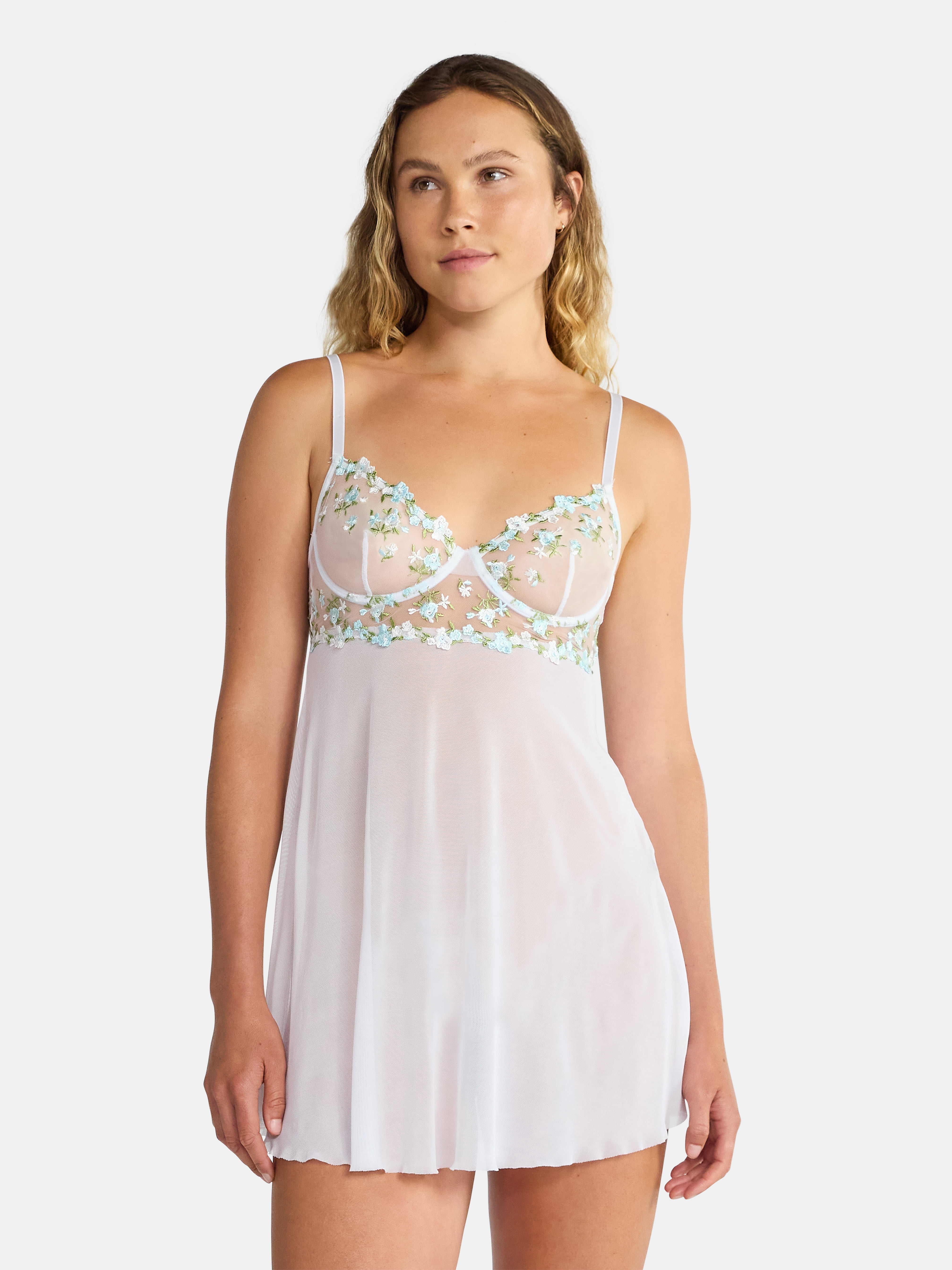 Just Sexy Lingerie Women’s and Women's Plus Bridal, Sheer, Embroidered Babydoll with Mesh G-String, Sizes S-3X