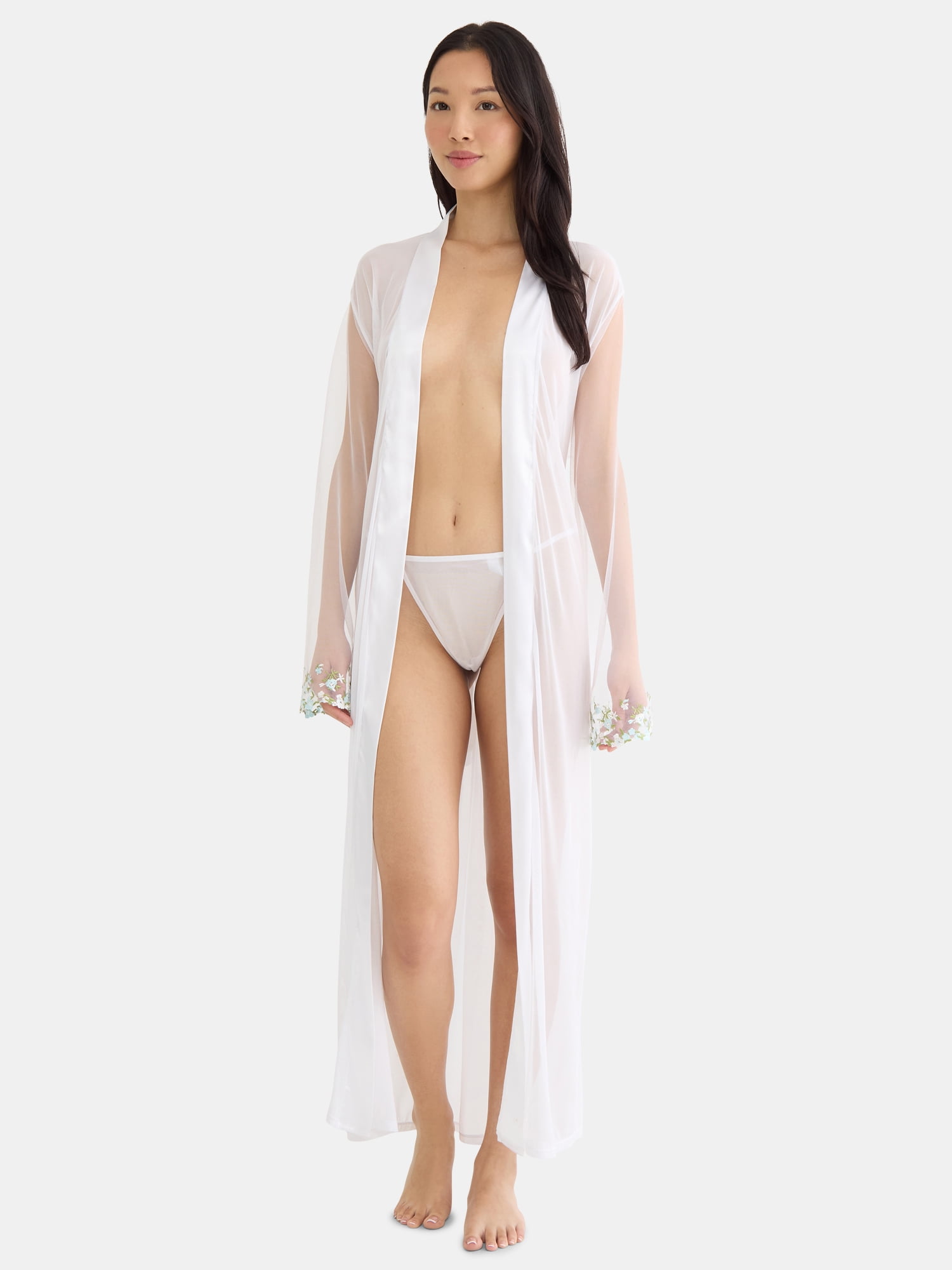Just Sexy Lingerie Women’s and Women's Plus Mesh Long Robe with Embroidered Sleeves, Sizes S-3X