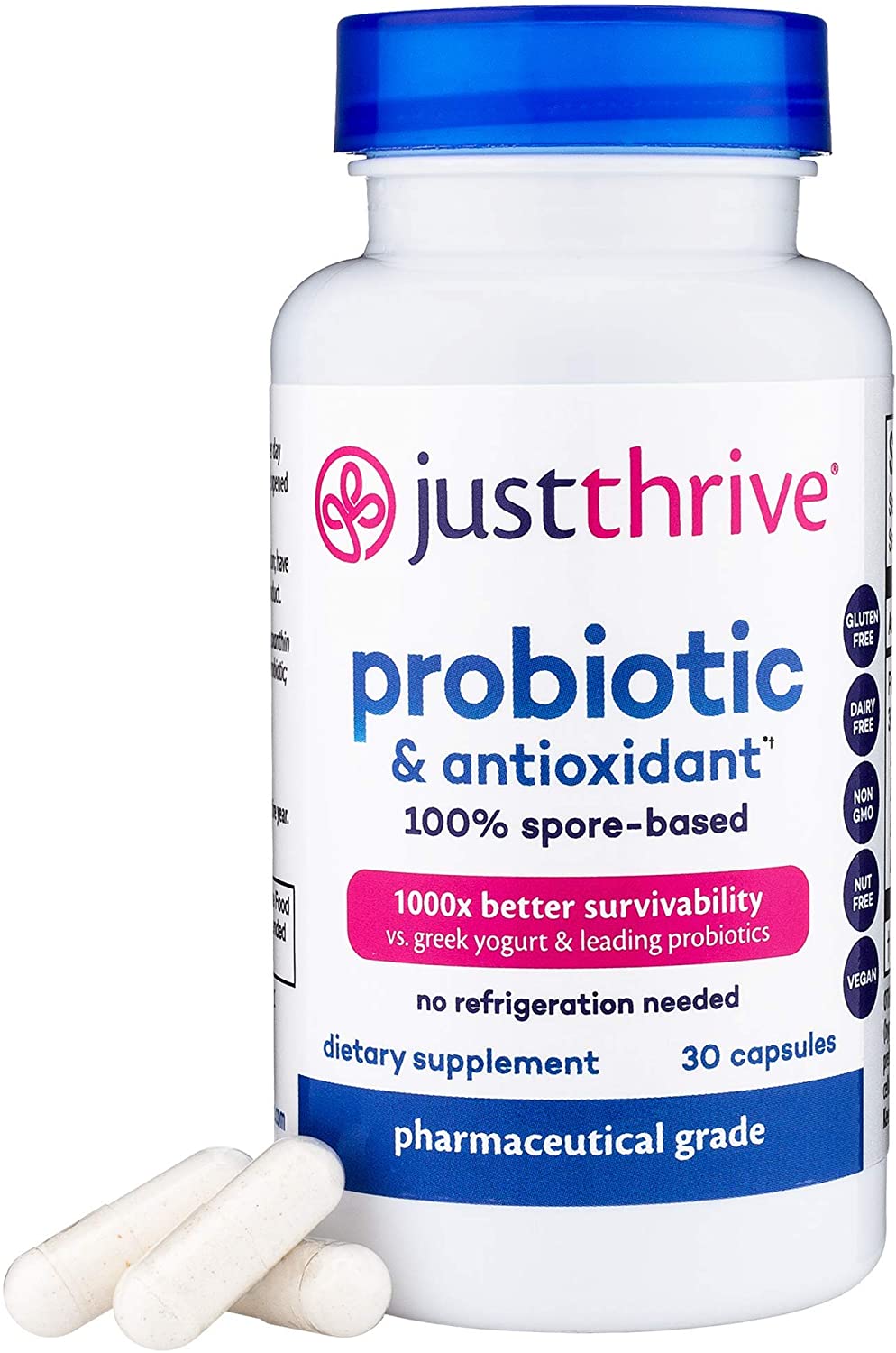 Just Thrive: Probiotic & Antioxidant - Vegan Proprietary Probiotic Blend - 30-Day Supply - 100-Percent Spore-Based Probiotic - 1000x Survivability - Supports Immune and Digestive Health - No Gluten