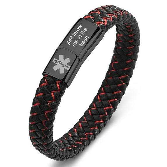 Just Throw Me in the Trash Medical Alert Bracelet for Men Stainless Steel Braided Leather Wristband Medical Alert ID Bracelet Sos Emergency Jewelry with Medical Wallet ID Tag