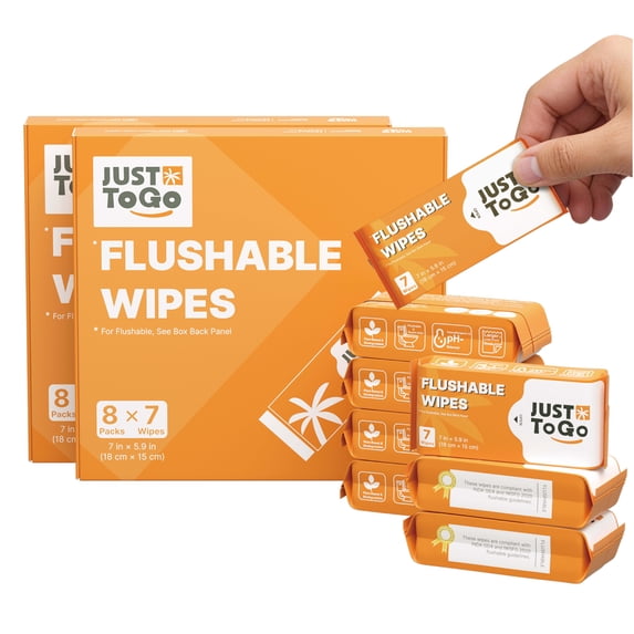 Just To Go Flushable Wipes, Travel Size Skin-Friendly Butt Wet Wipes for Adults, 112 Wipes (8 Pack)