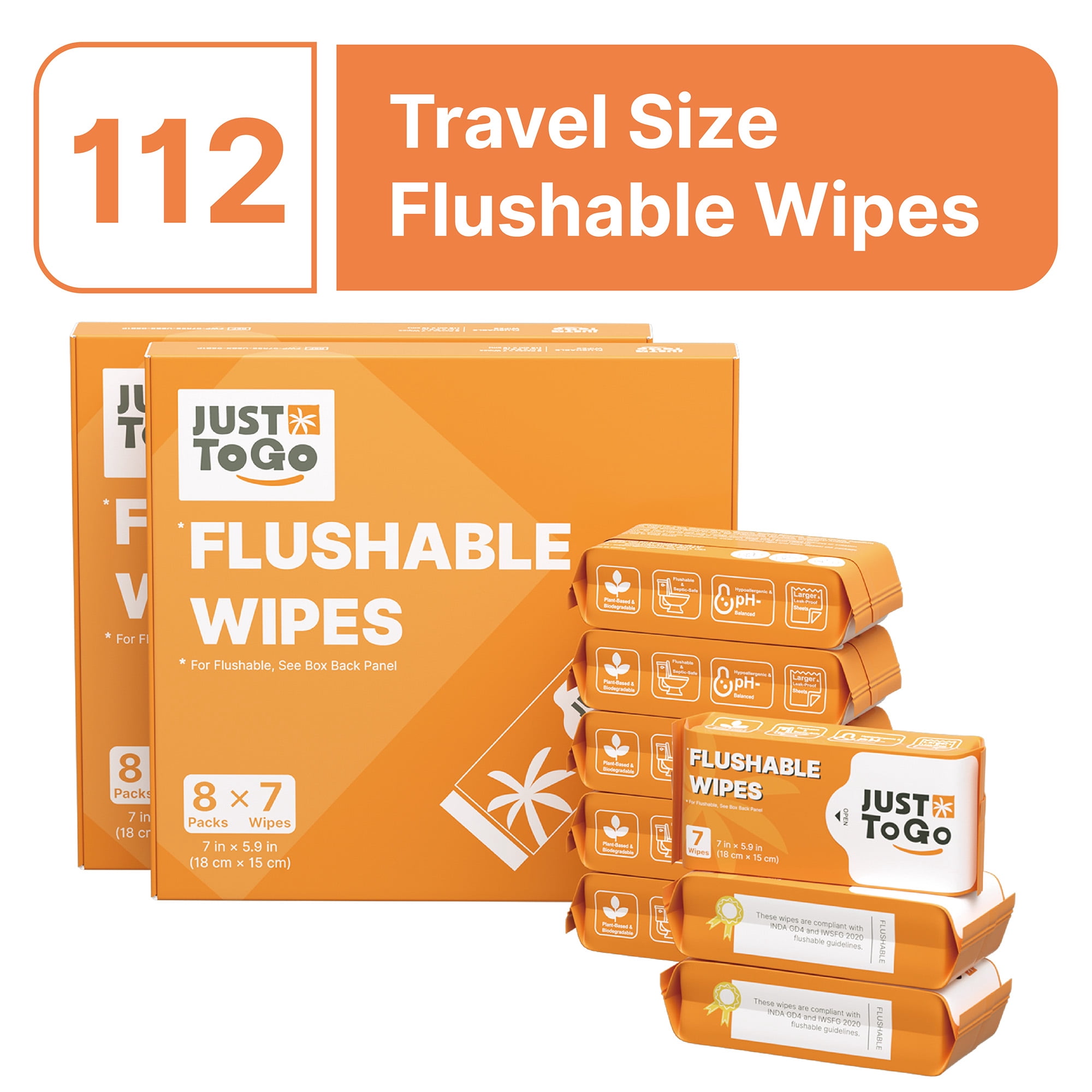 Just To Go Flushable Wipes, Travel Size Skin-Friendly Butt Wet Wipes for Adults, Unscented, 112 Wipes (16 Pack)