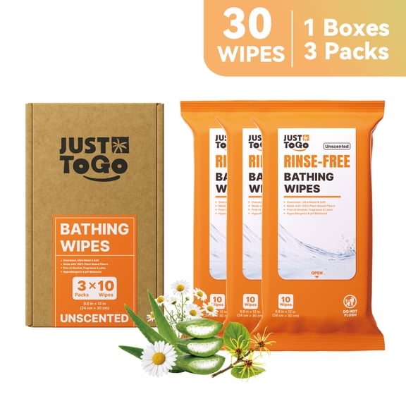 Just To Go Rinse Free Shower Wipes, 9.6"x12" Extra-Large 30 Count Unscented Body Wipes for Travel, Camping, Gym, Hiking
