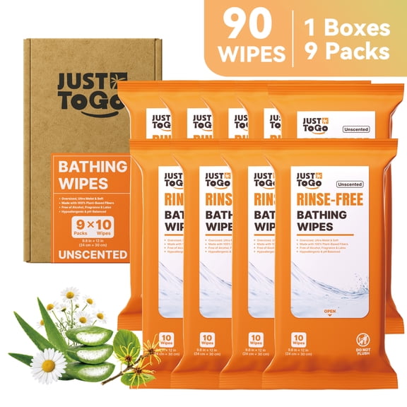 Just To Go Rinse Free Shower Wipes, 9.6"x12" Extra-Large 90 Count Unscented Body Wipes for Travel, Camping, Gym, Hiking