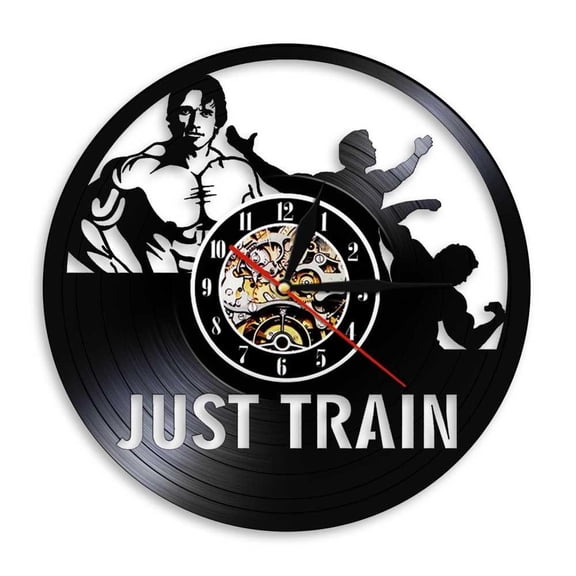 Just Train Wall Art GYM Wall Clock Muscle Man Weighting Vinyl Record Wall Clock Fitness Center Decorative Clock Without LED